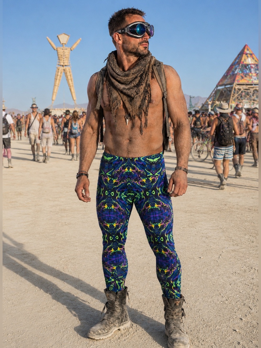 BurningMan Festival Leggings Neon Bell Bottom Men’s XXL Rave Psychedelic Glow